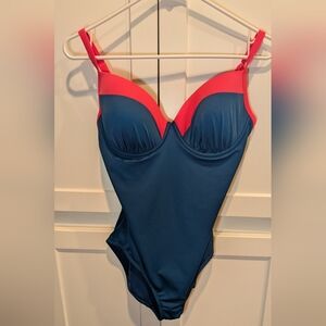 Boden Navy One-Piece Swimsuit with Coral Trim Size 34DD